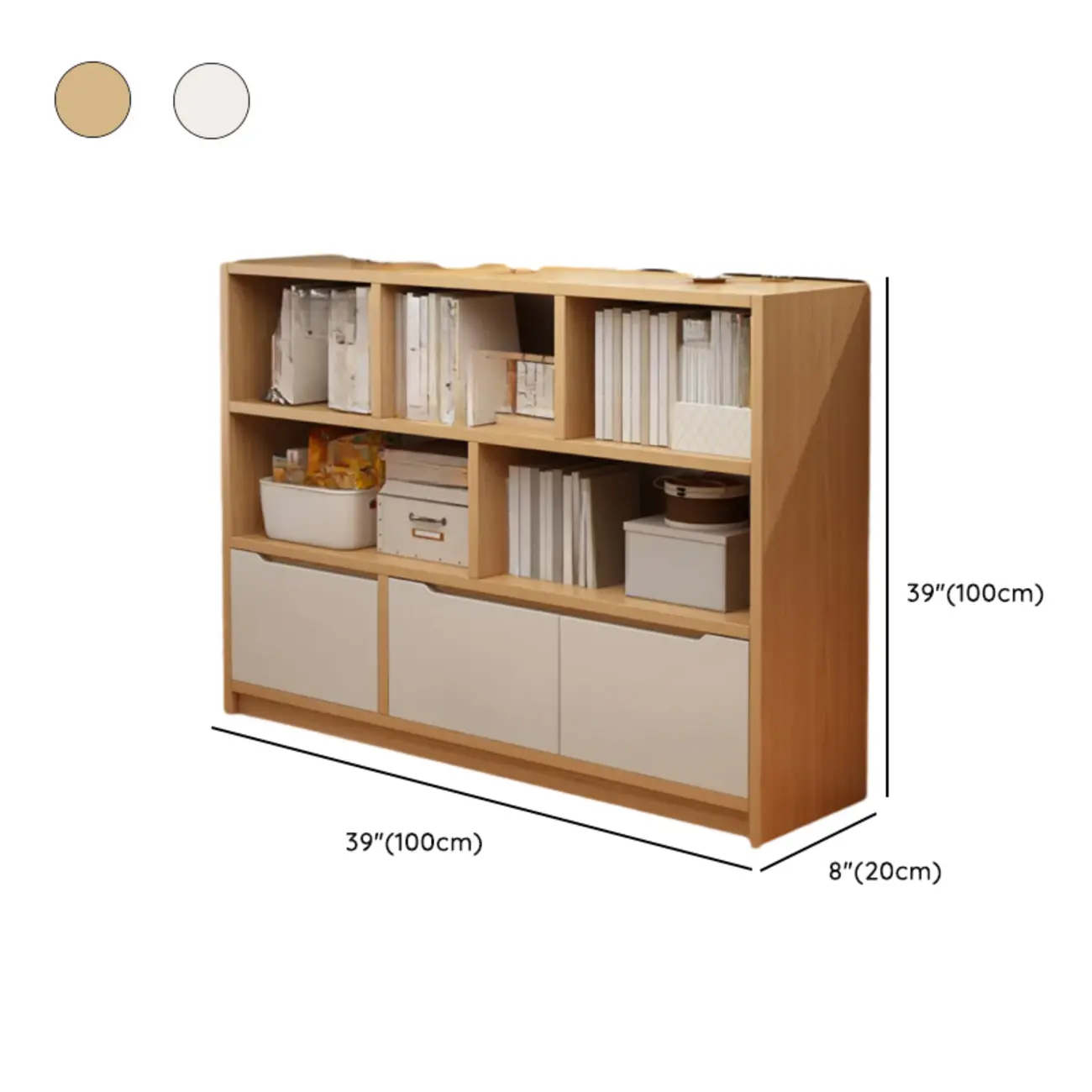 Horizontal White Wood Cube Bookcase with Drawers #size