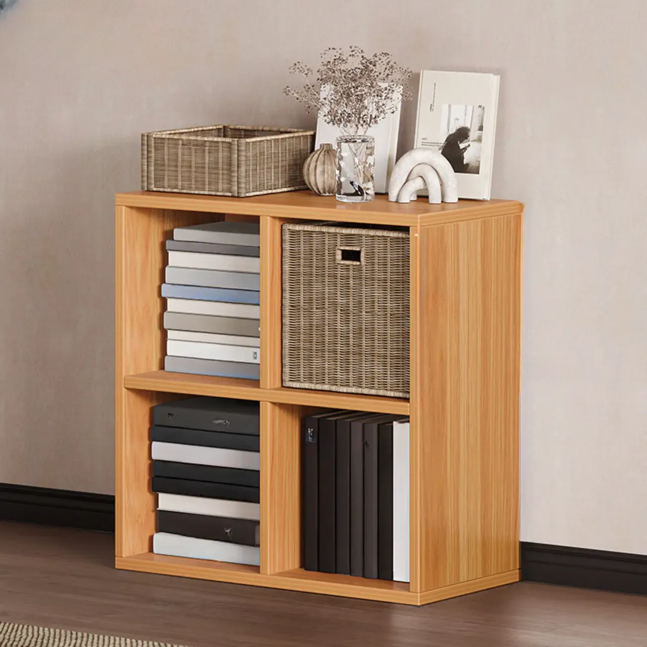 Simple Walnut 8-Cube Wood Bookcase Image - 7