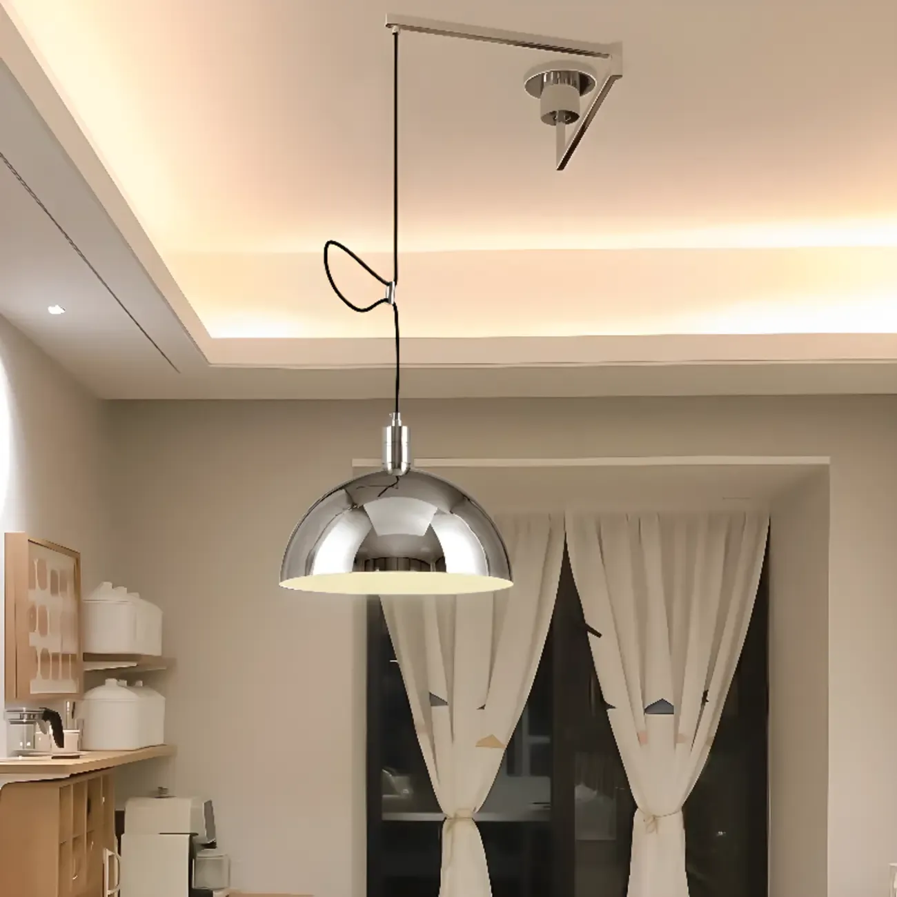 Modern Chrome Swing Arm Kitchen Pendant Light Adjustable Image - 2