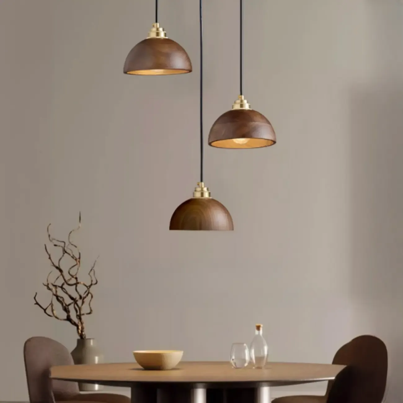 Modern Gold Walnut Wood Bowl Island Pendant Light