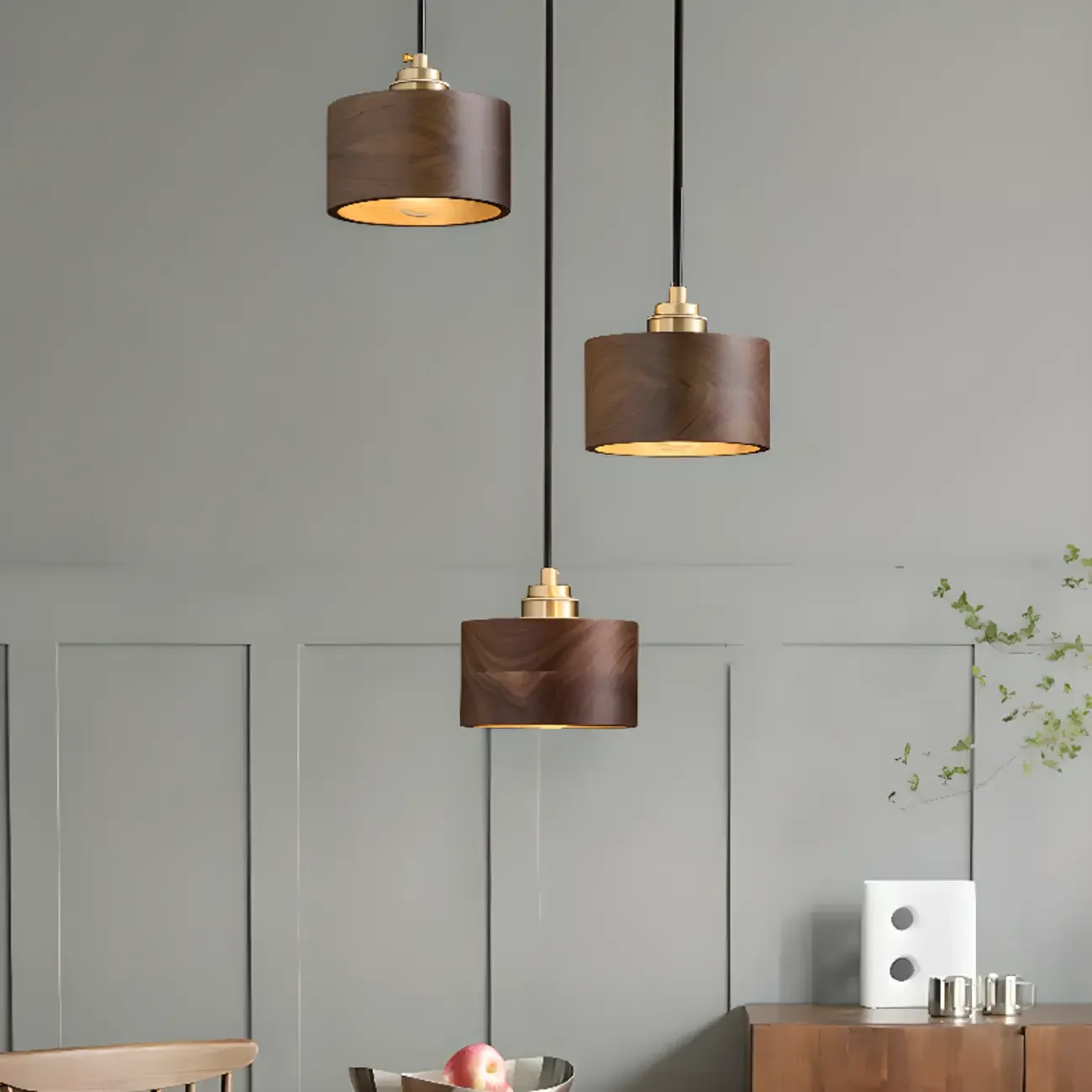 Modern Gold Walnut Wood Bowl Island Pendant Light