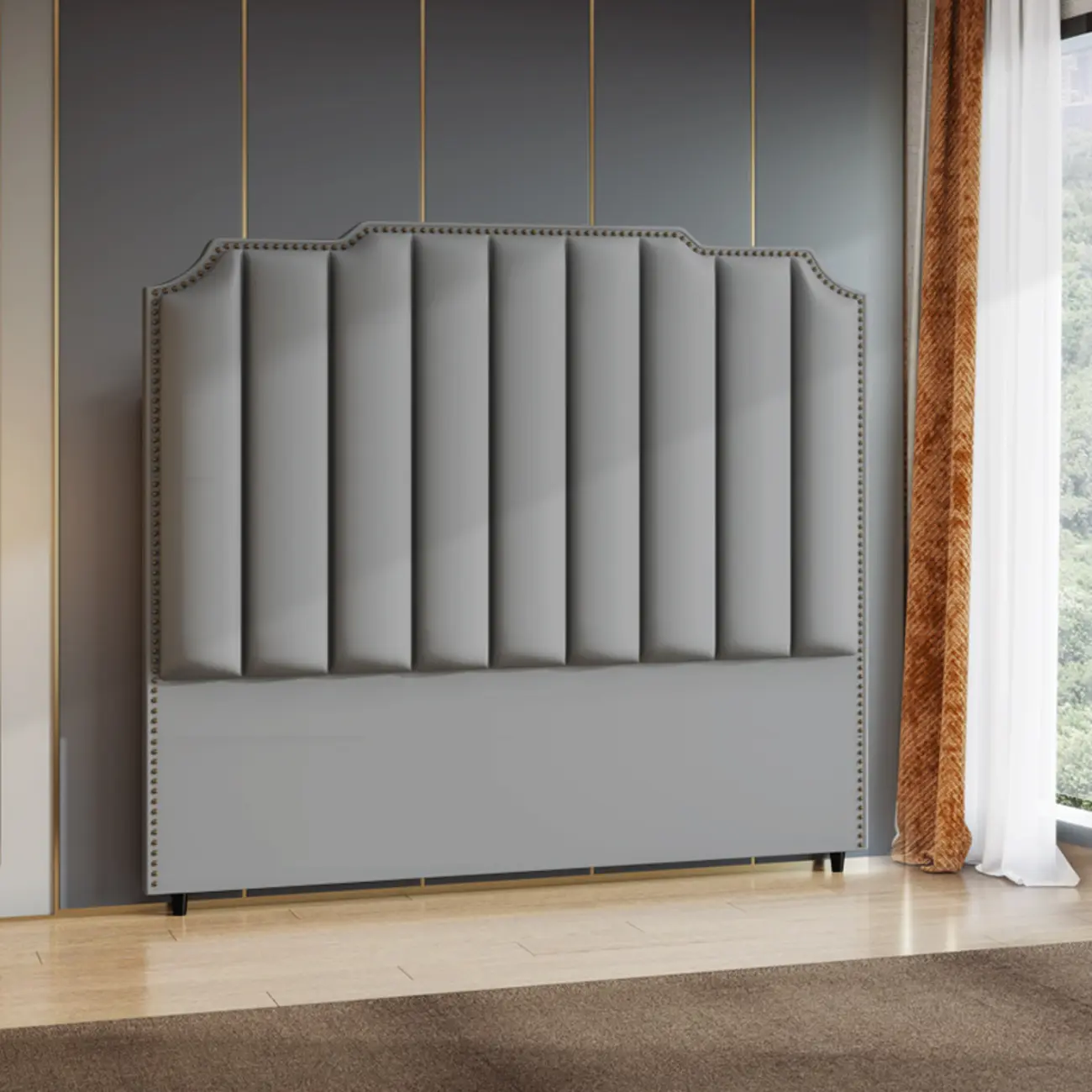Nordic Nailheads Pine Wood Upholstered Wingback Headboard Image - 2 | homeyfad