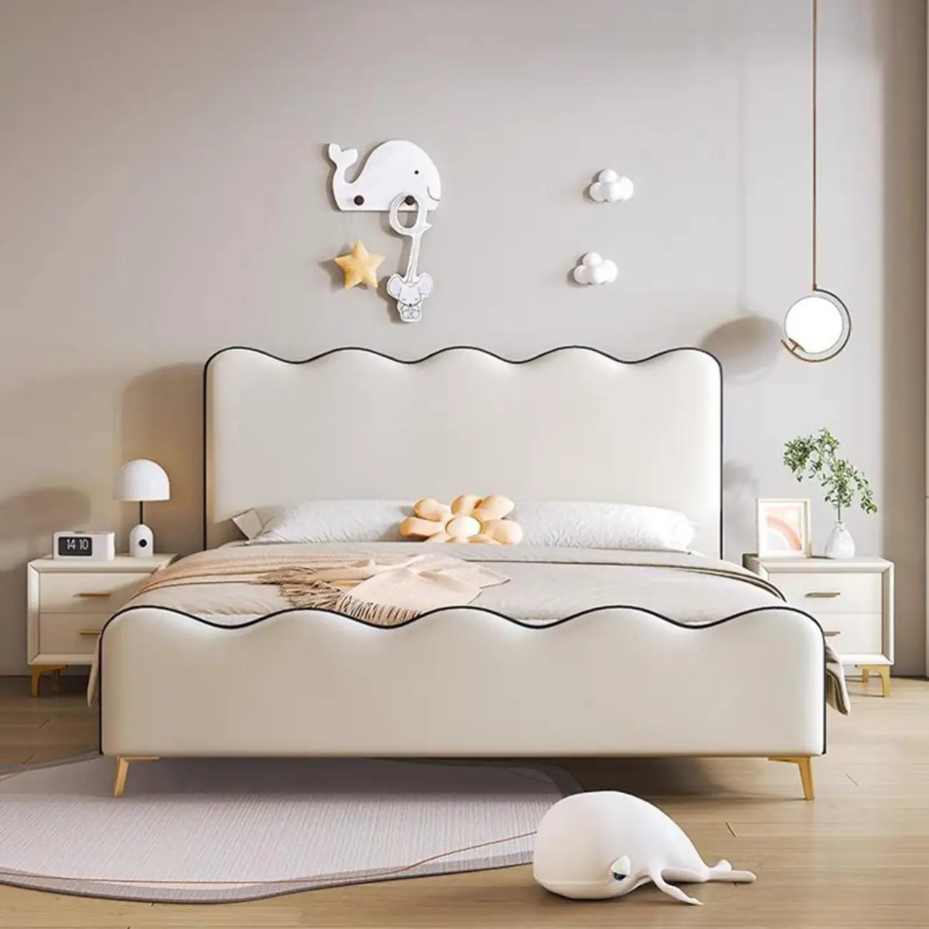 Simple Freestanding Wave-Edge Grey Upholstered Headboard Image - 1 | homeyfad