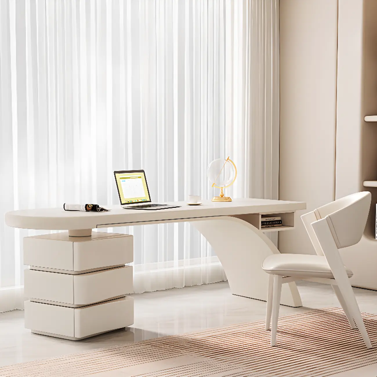 Modish Peninsula White Timber Home Office Desk with Drawers Image - 1 | homeyfad
