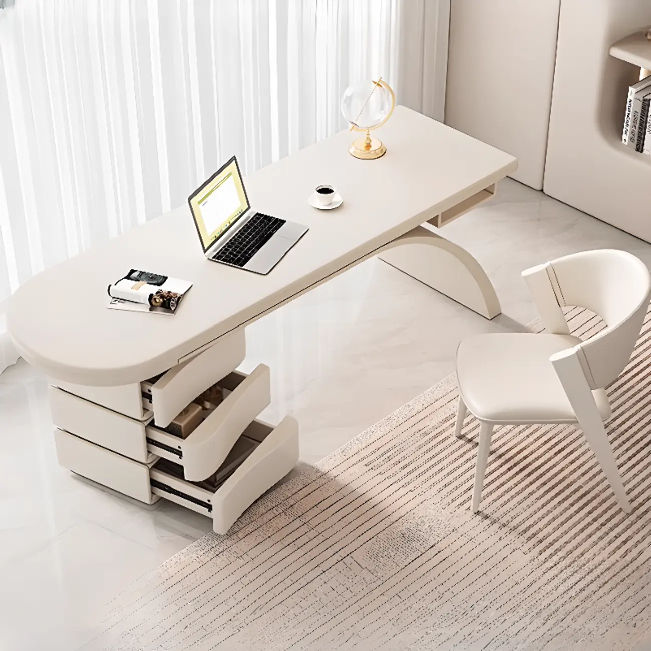 Modish Peninsula White Timber Home Office Desk with Drawers Image - 2 | homeyfad