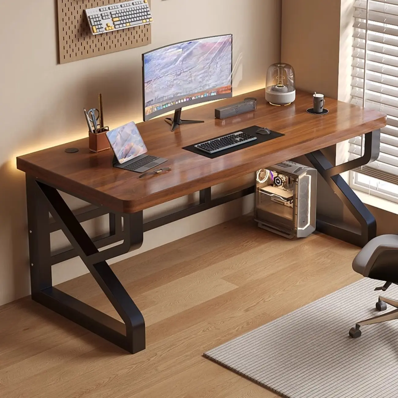 55.1"L Trendy Walnut Metal Frame Office Desk Image - 1 | homeyfad