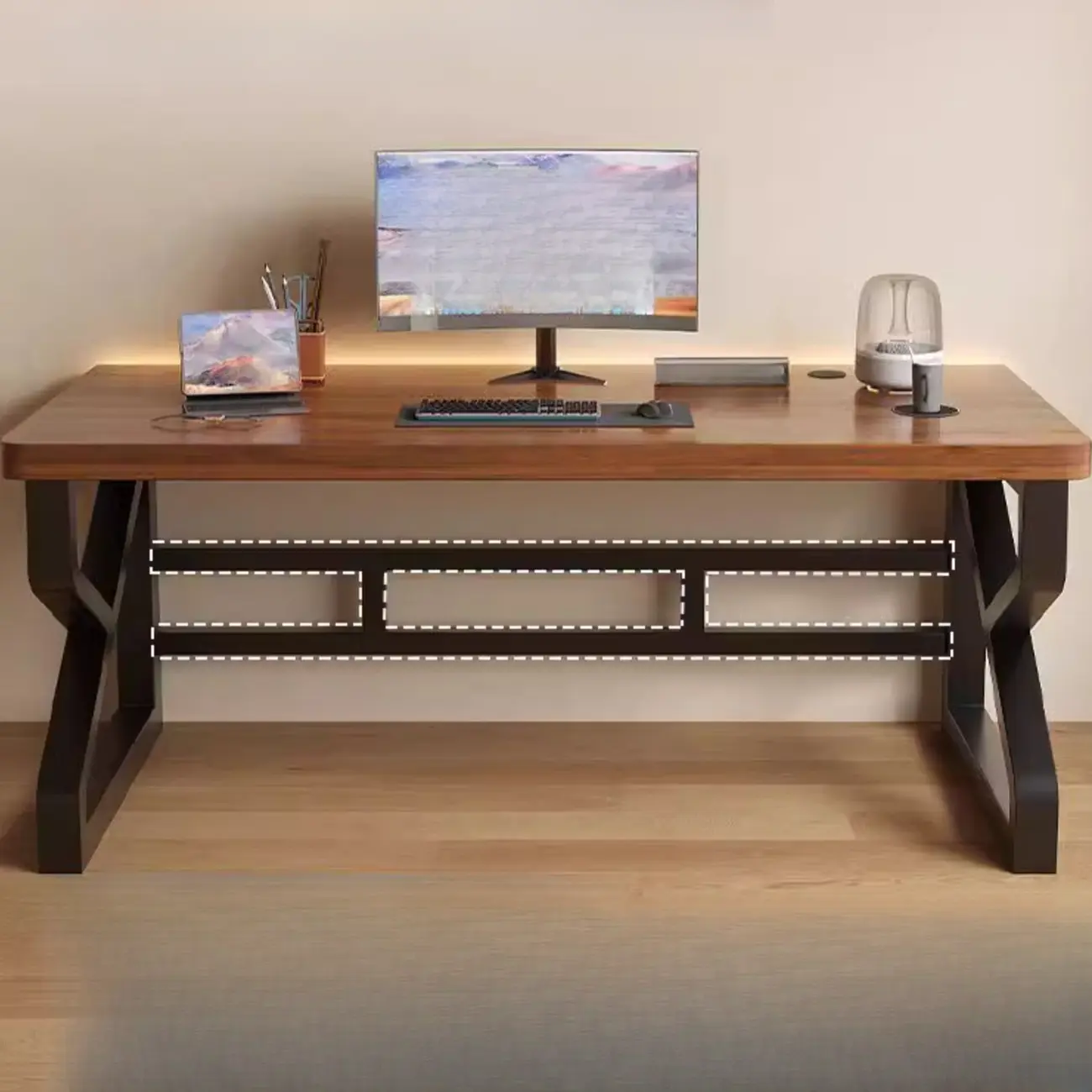 55.1"L Trendy Walnut Metal Frame Office Desk Image - 2 | homeyfad