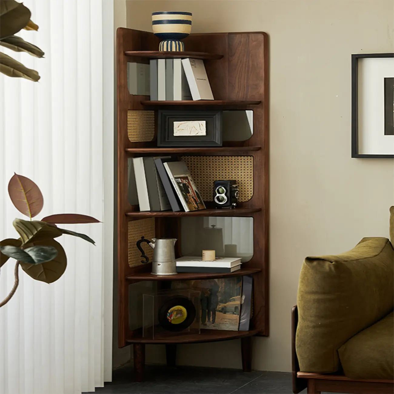 6-tier Modern Space Saving Rattan Wood Corner Bookshelf Image - 1 | homeyfad