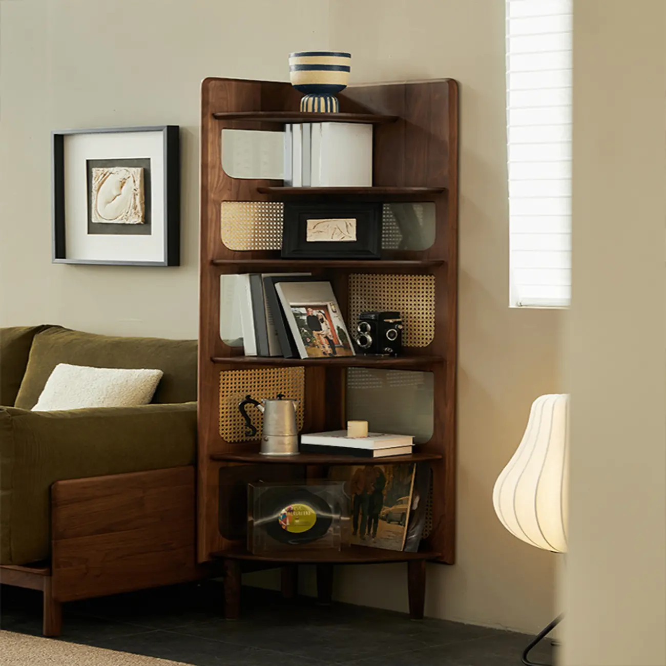 6-tier Modern Space Saving Rattan Wood Corner Bookshelf Image - 3 | homeyfad