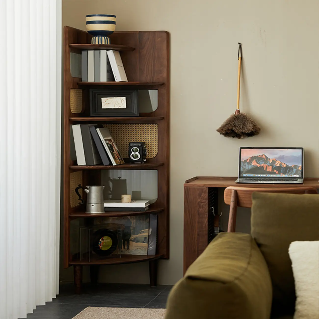 6-tier Modern Space Saving Rattan Wood Corner Bookshelf Image - 4 | homeyfad