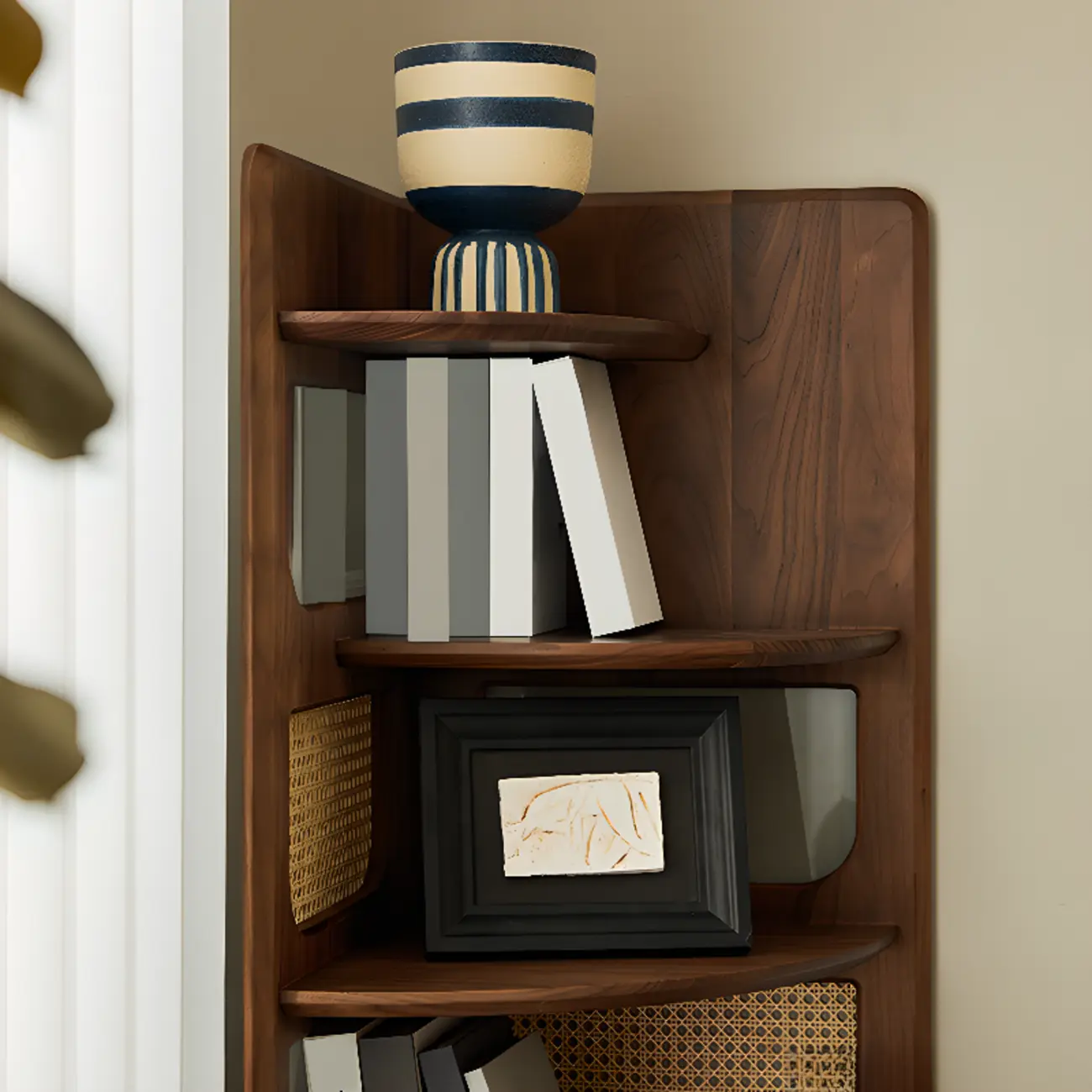 6-tier Modern Space Saving Rattan Wood Corner Bookshelf Image - 6 | homeyfad