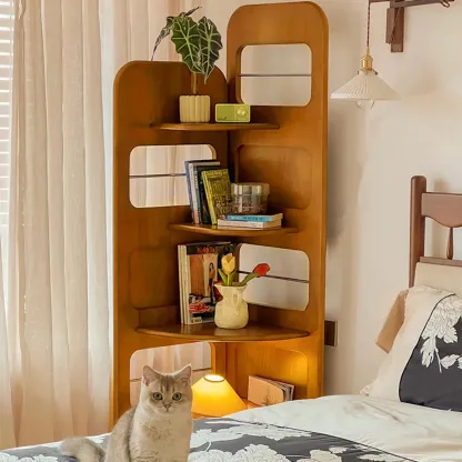 Mid Century Modern 5-tier Wood Display Corner Bookshelf Image - 4