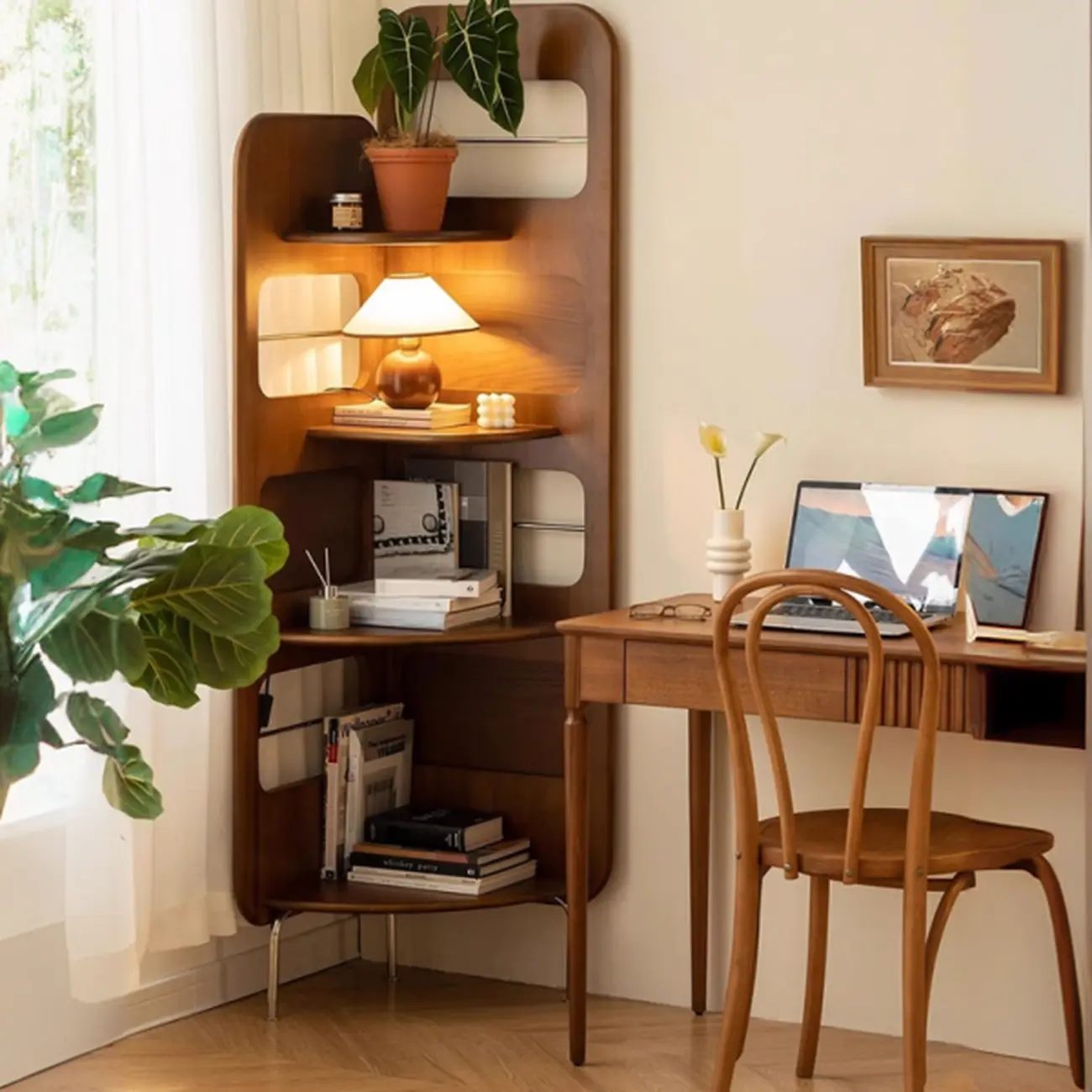 Mid Century Modern 5-tier Wood Display Corner Bookshelf Image - 1 | homeyfad