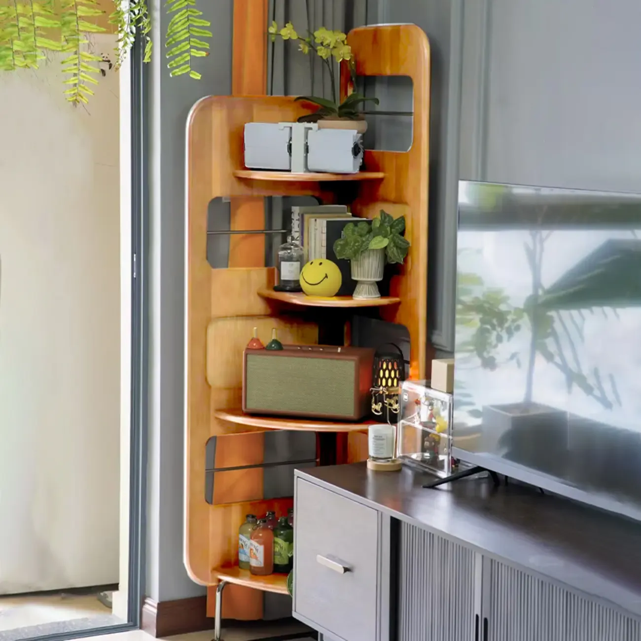 Mid Century Modern 5-tier Wood Display Corner Bookshelf Image - 7