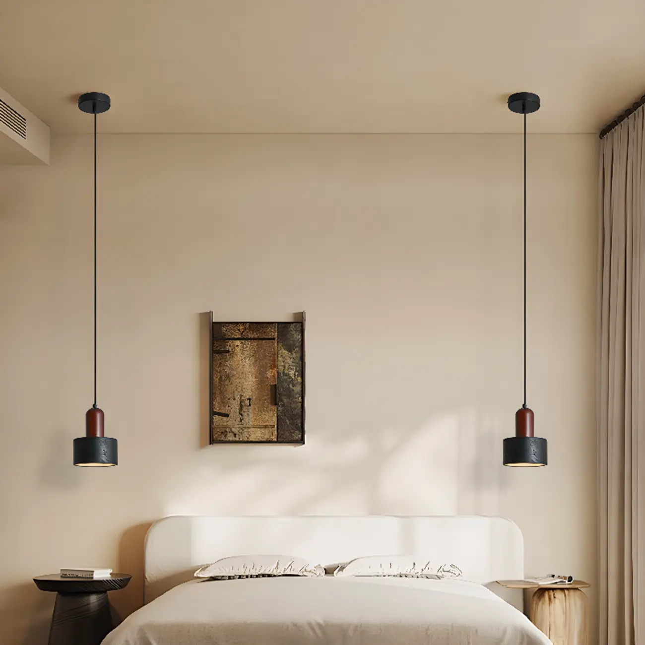 Black Stone Wood Cylinder Pendant Light for Bedroom | homeyfad