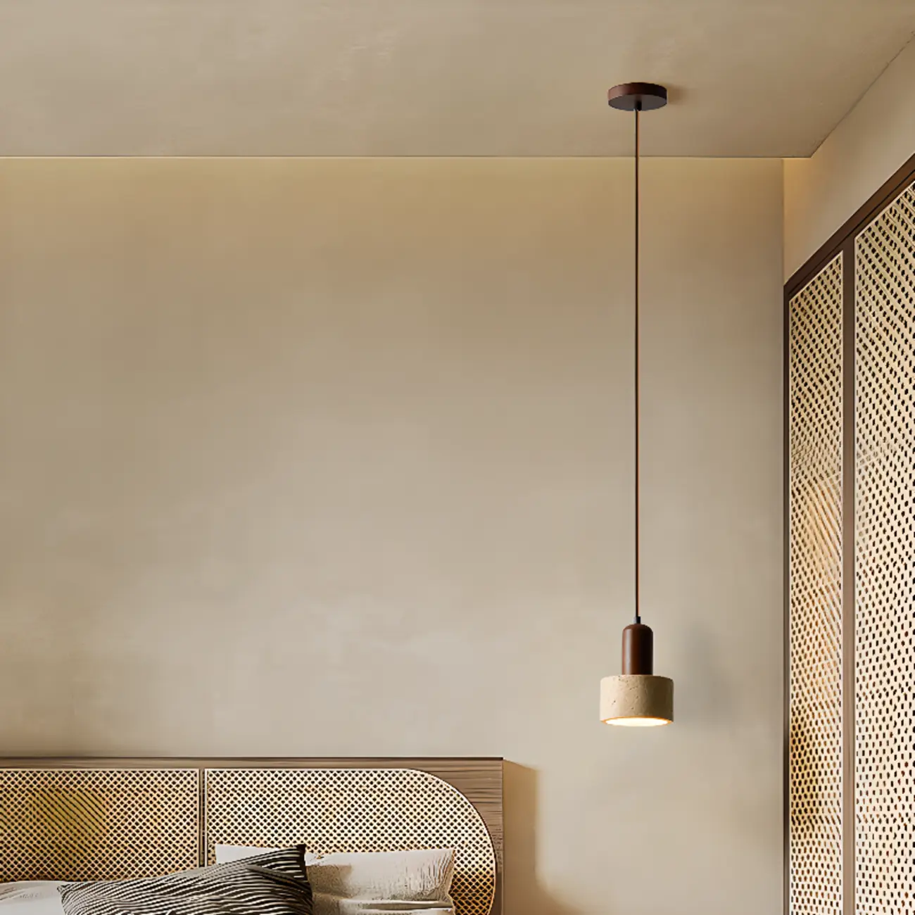 Black Stone Wood Cylinder Pendant Light for Bedroom | homeyfad