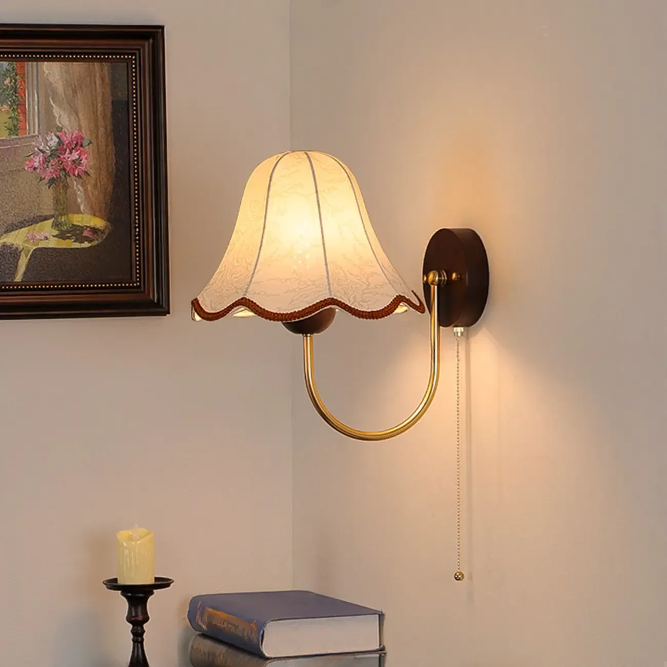 Walnut Modern Wood LED Wall Lamp Fabric Shade for Indoor | HomeyFad