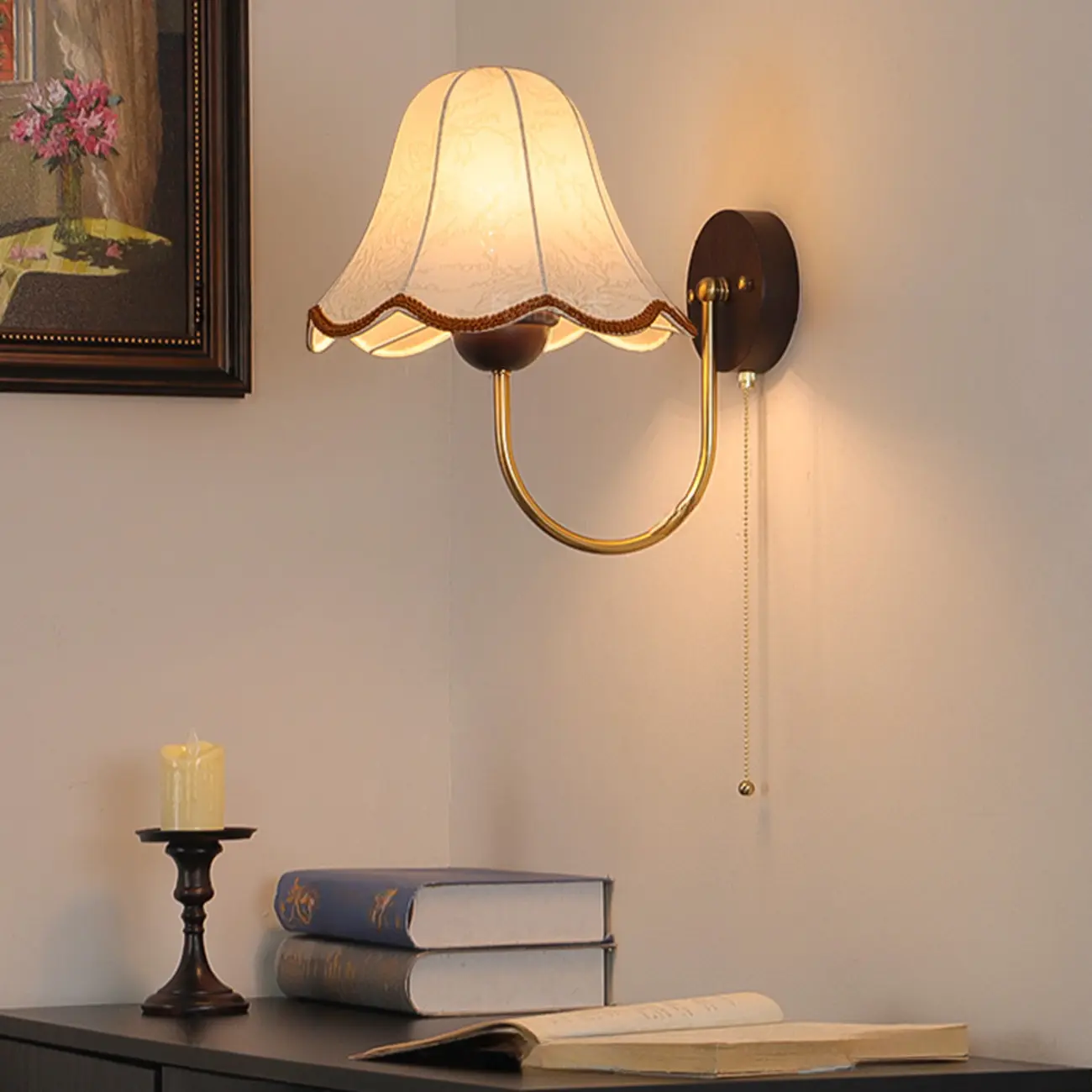 Walnut Modern Wood LED Wall Lamp Fabric Shade for Indoor  Image - 2 | homeyfad