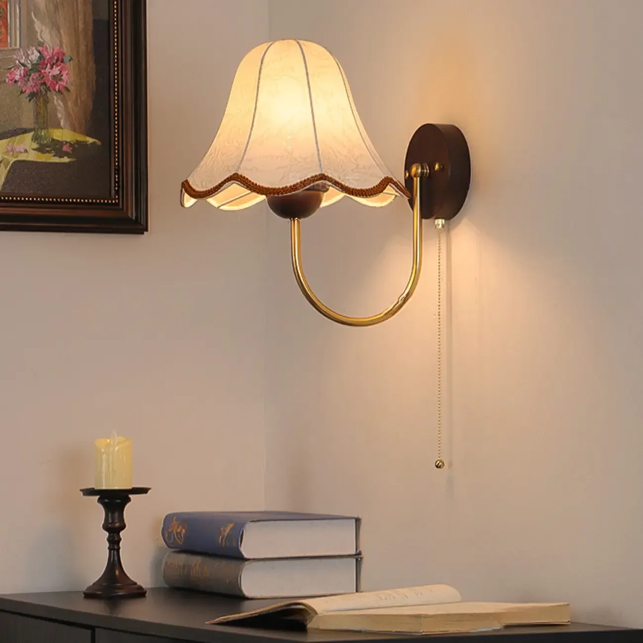 Walnut Modern Wood LED Wall Lamp Fabric Shade for Indoor  Image - 2