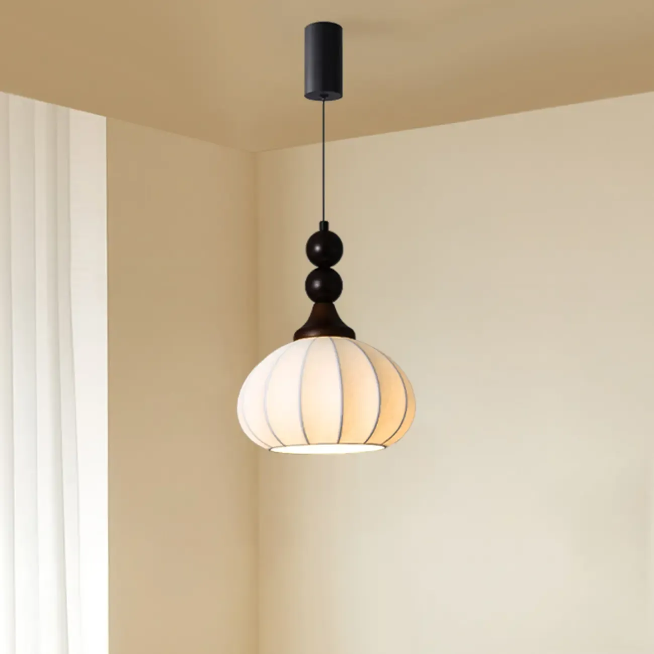 Modern Wood White Silk Dome Pendant Light