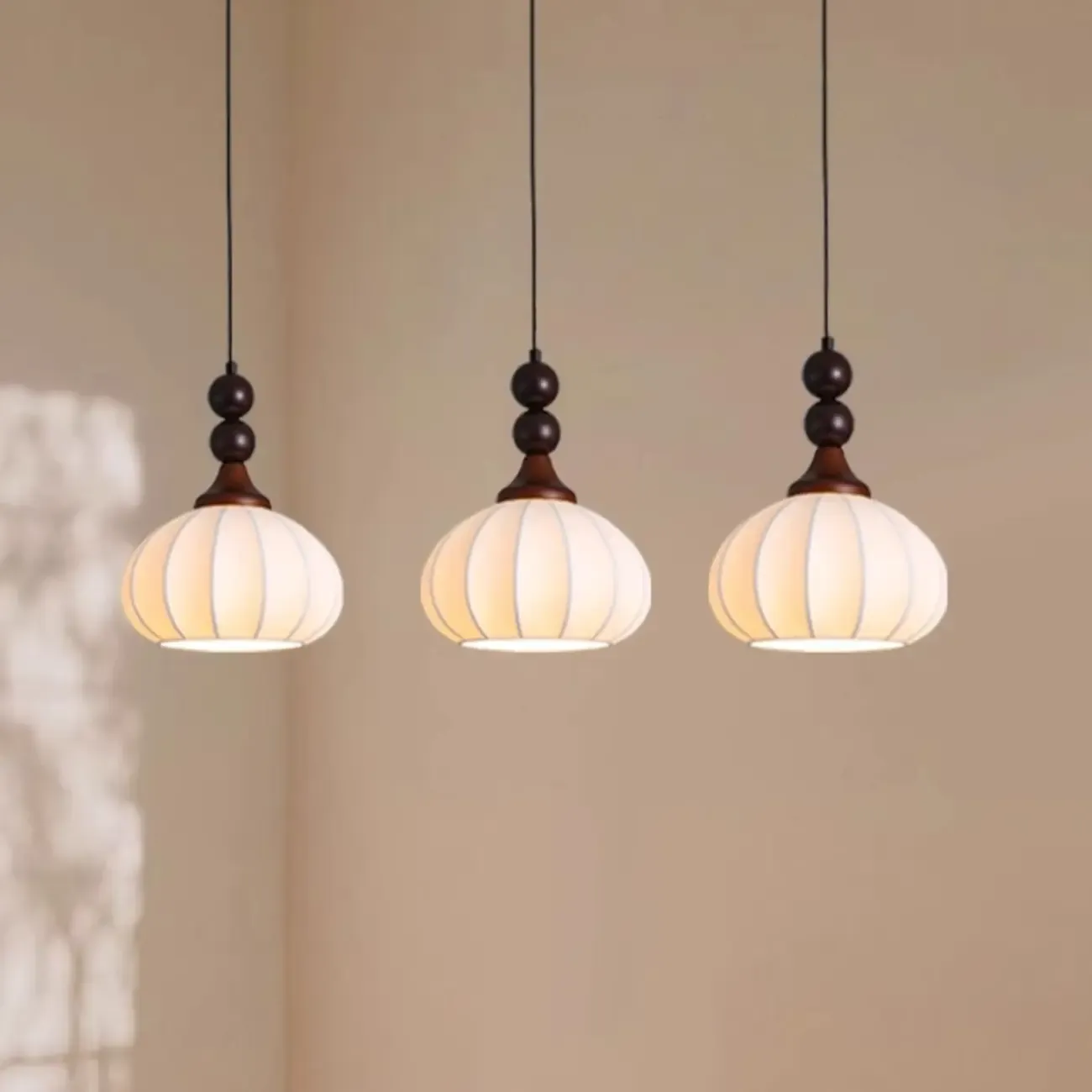 Modern Wood White Silk Dome Pendant Light
