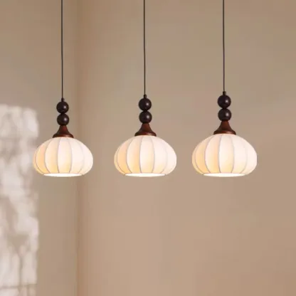 Modern Wood White Silk Dome Pendant Light