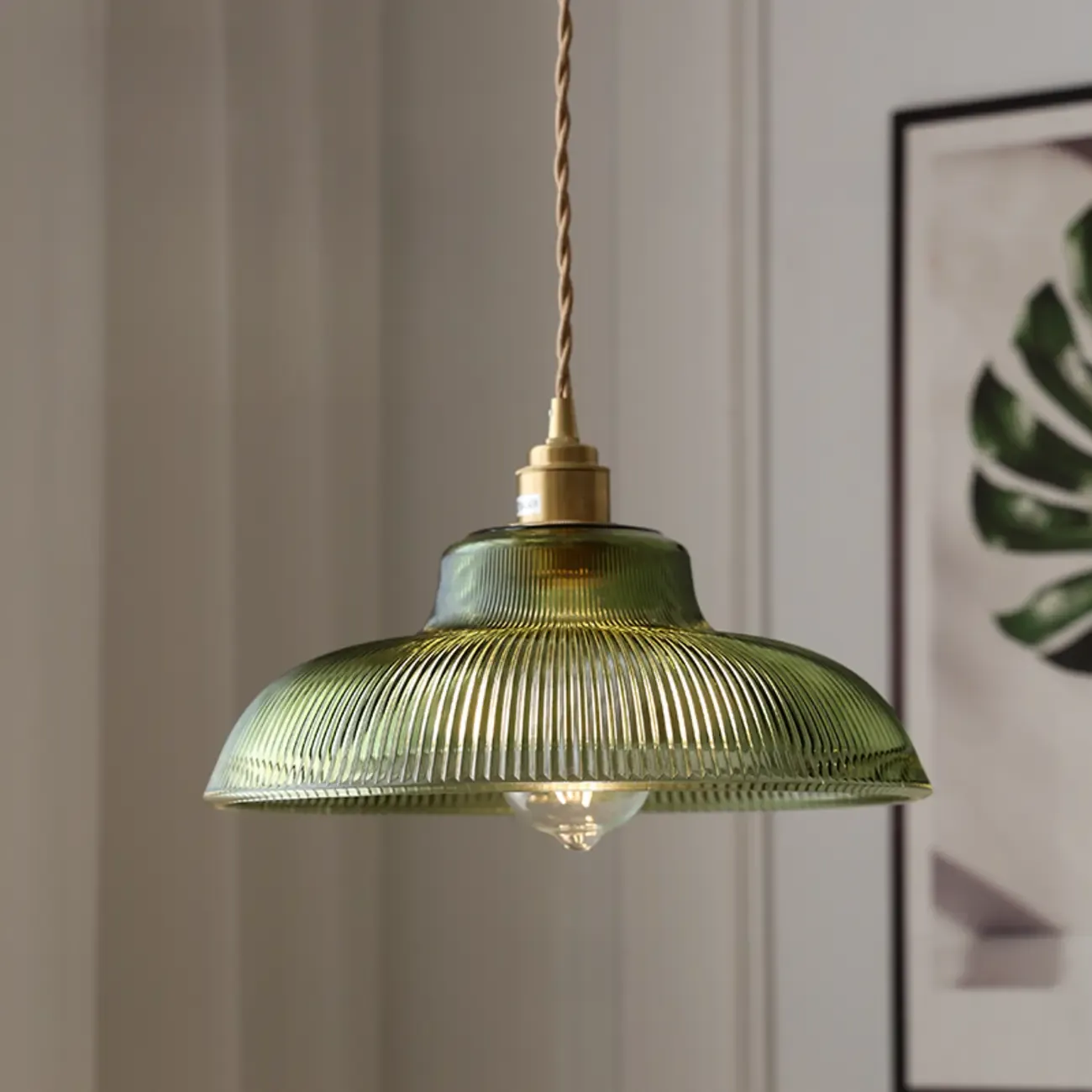 Modern Green Glass Dome Brass Kitchen Pendant Light Image - 2