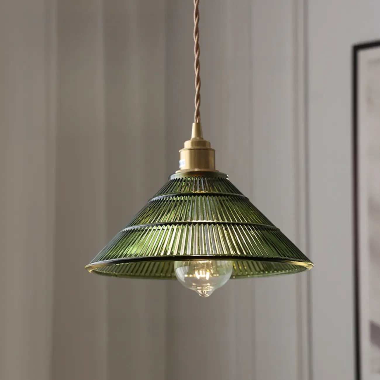 Modern Green Glass Dome Brass Kitchen Pendant Light Image - 3