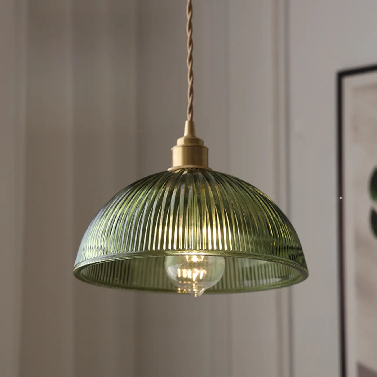 Modern Green Glass Dome Brass Kitchen Pendant Light Image - 5 | homeyfad