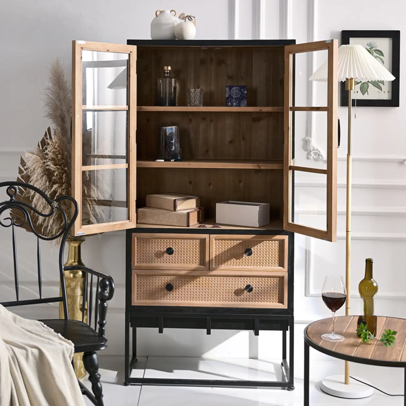 Rustic Multi-Color Wooden Bookcase with Drawers Image - 2 | homeyfad