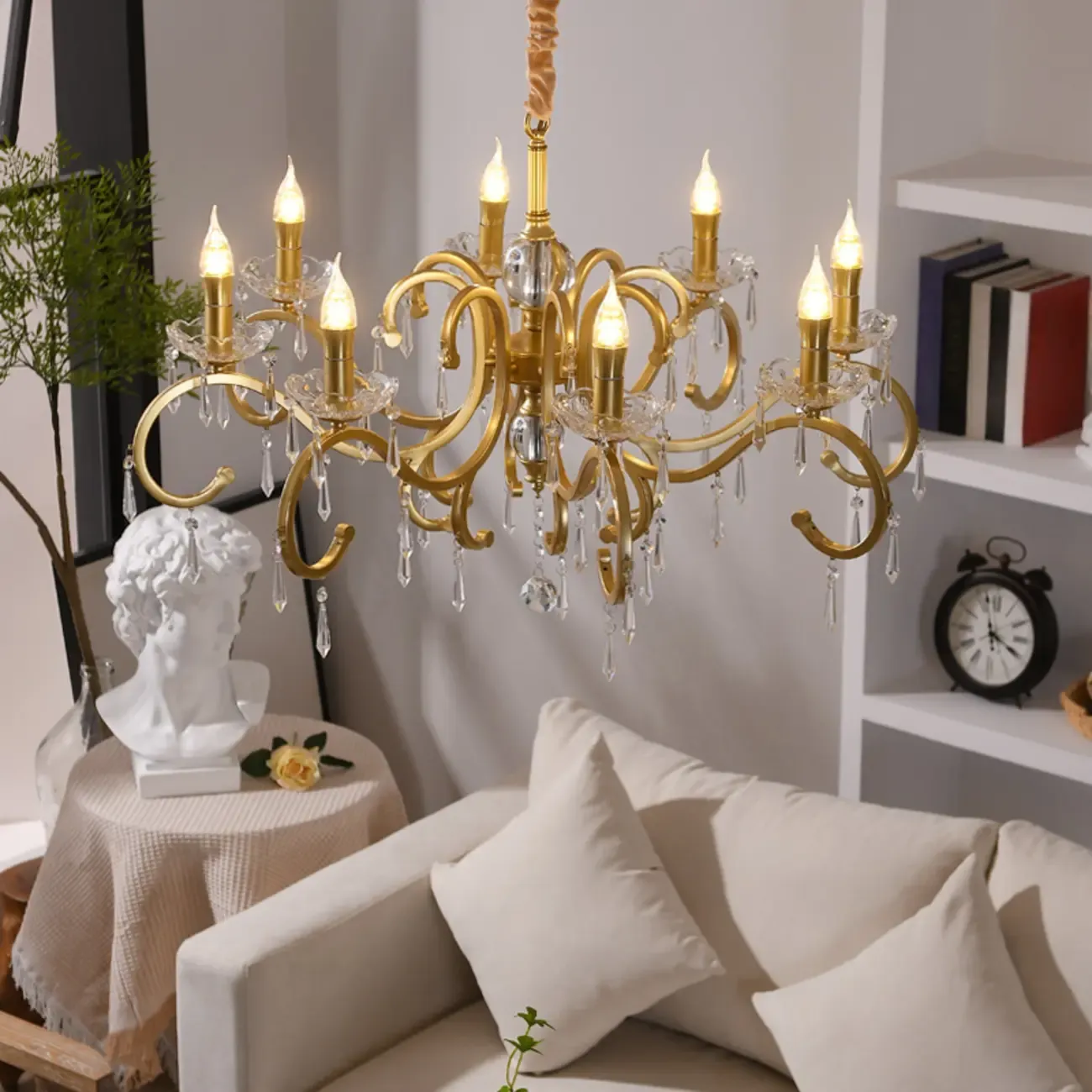 Elegant Gold Metal Crystal Candelabra Adjustable Chandelier Image - 4