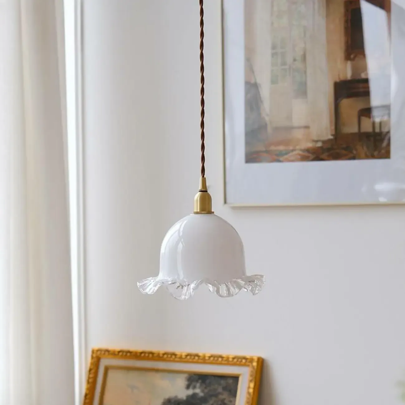 Elegant White Floral Glass Kitchen Pendant Light Image - 4