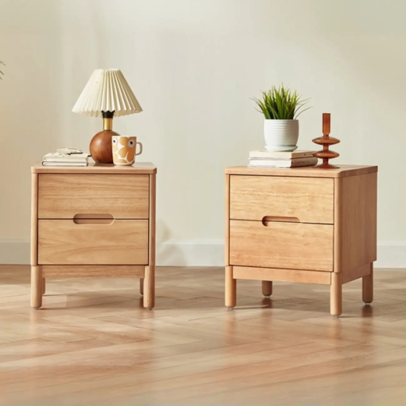 Scandinavian Bedside Cabinet Nightstand with 2 Drawers, Natural Wood Countertop, and Legs Image - 1 | homeyfad