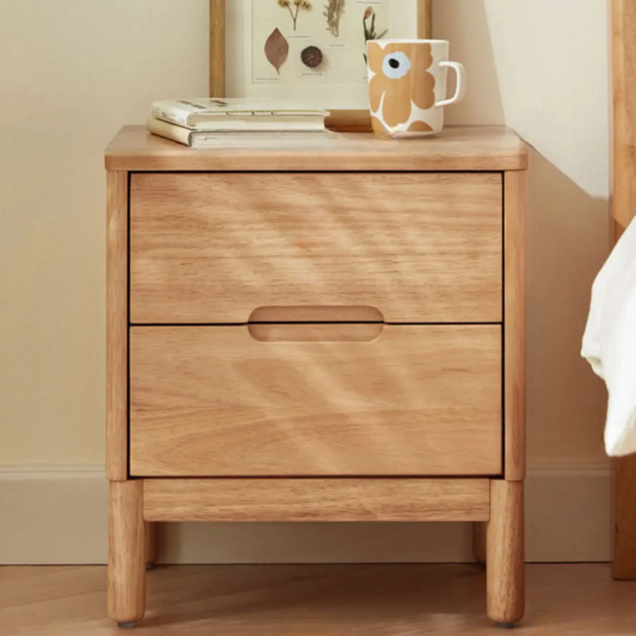 Scandinavian Bedside Cabinet Nightstand with 2 Drawers, Natural Wood Countertop, and Legs Image - 2 | homeyfad