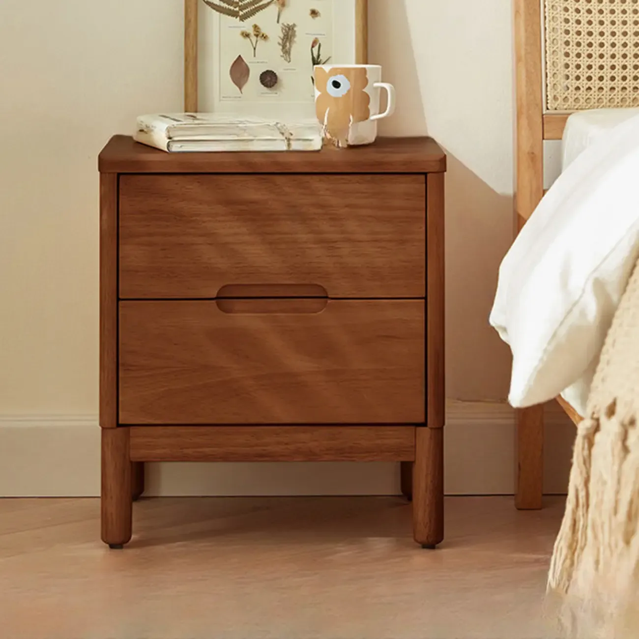 Scandinavian Bedside Cabinet Nightstand with 2 Drawers, Natural Wood Countertop, and Legs Image - 3