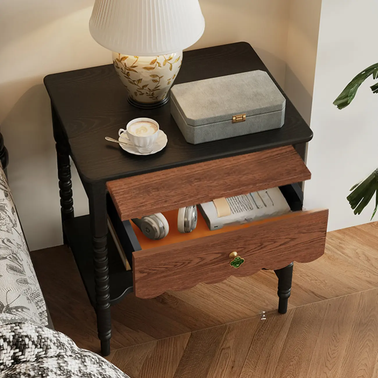 Vintage Distressed Wood Nightstand with Drawer & Shelves Image - 3 | homeyfad