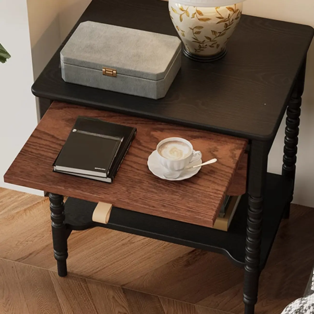 Vintage Distressed Wood Nightstand with Drawer & Shelves Image - 4 | homeyfad