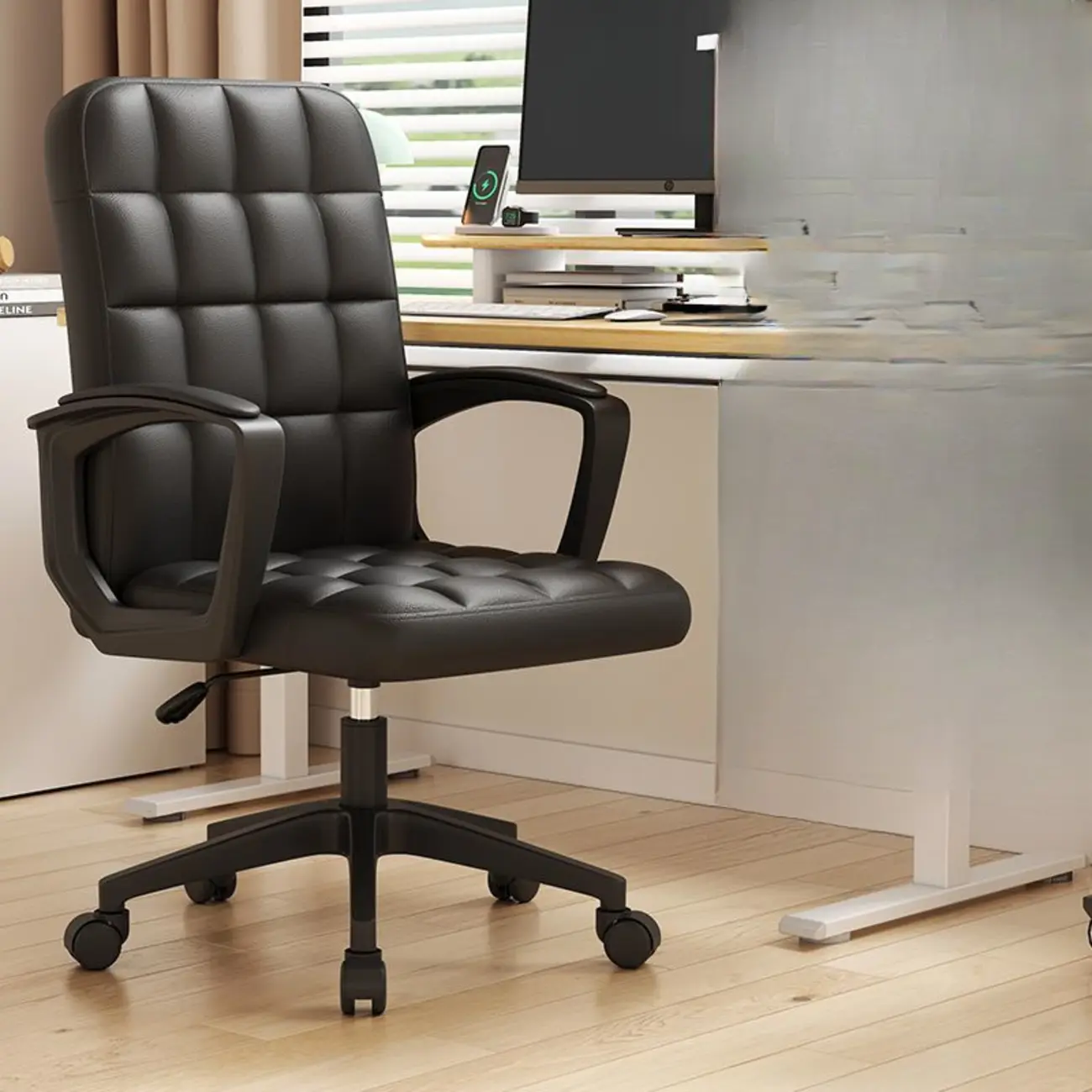 Solid Black Leather Tufted Office Chair Image - 2 | homeyfad