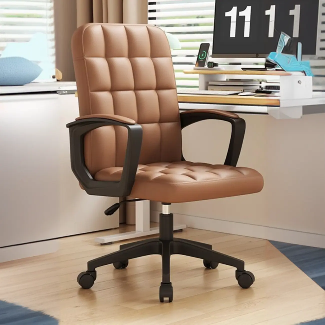 Solid Black Leather Tufted Office Chair Image - 3 | homeyfad