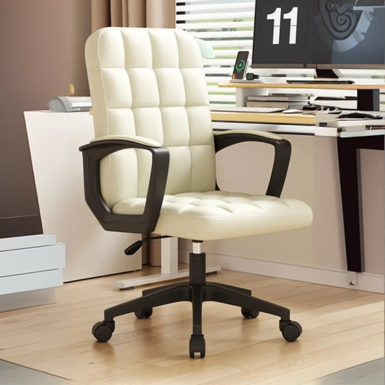 Solid Black Leather Tufted Office Chair Image - 4 | homeyfad