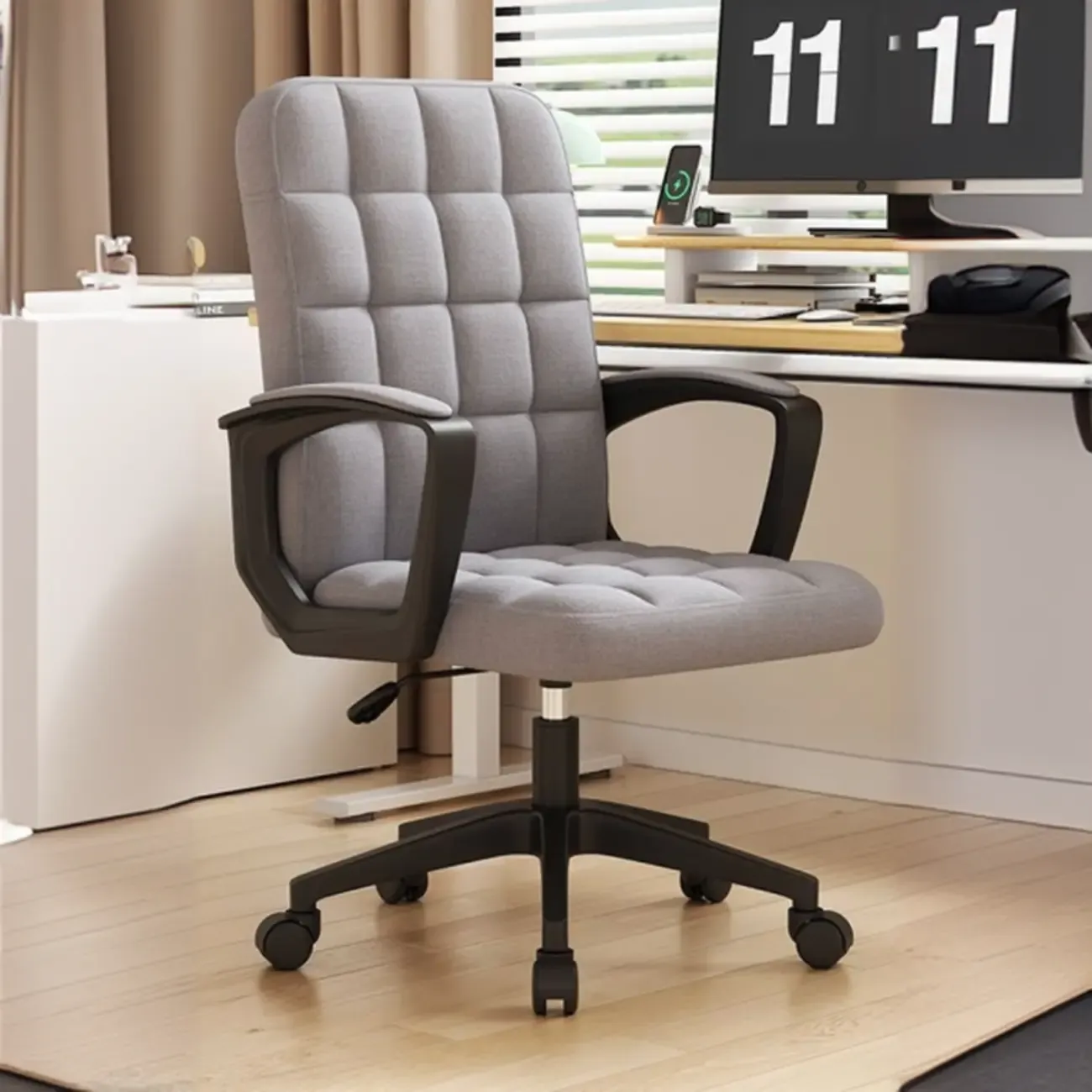 Solid Black Leather Tufted Office Chair Image - 6