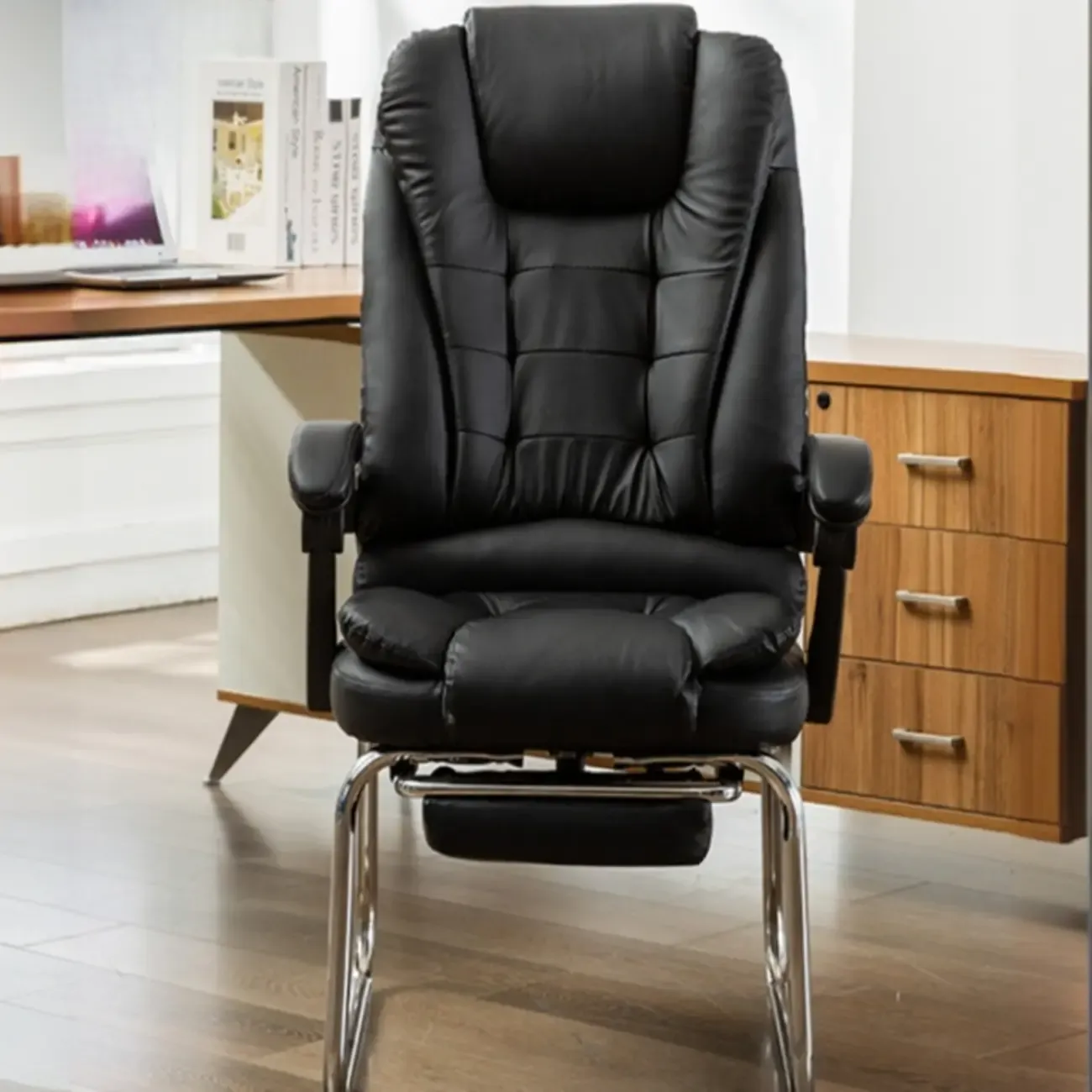 Black Leather Reclining Executive Office Chair Image - 3