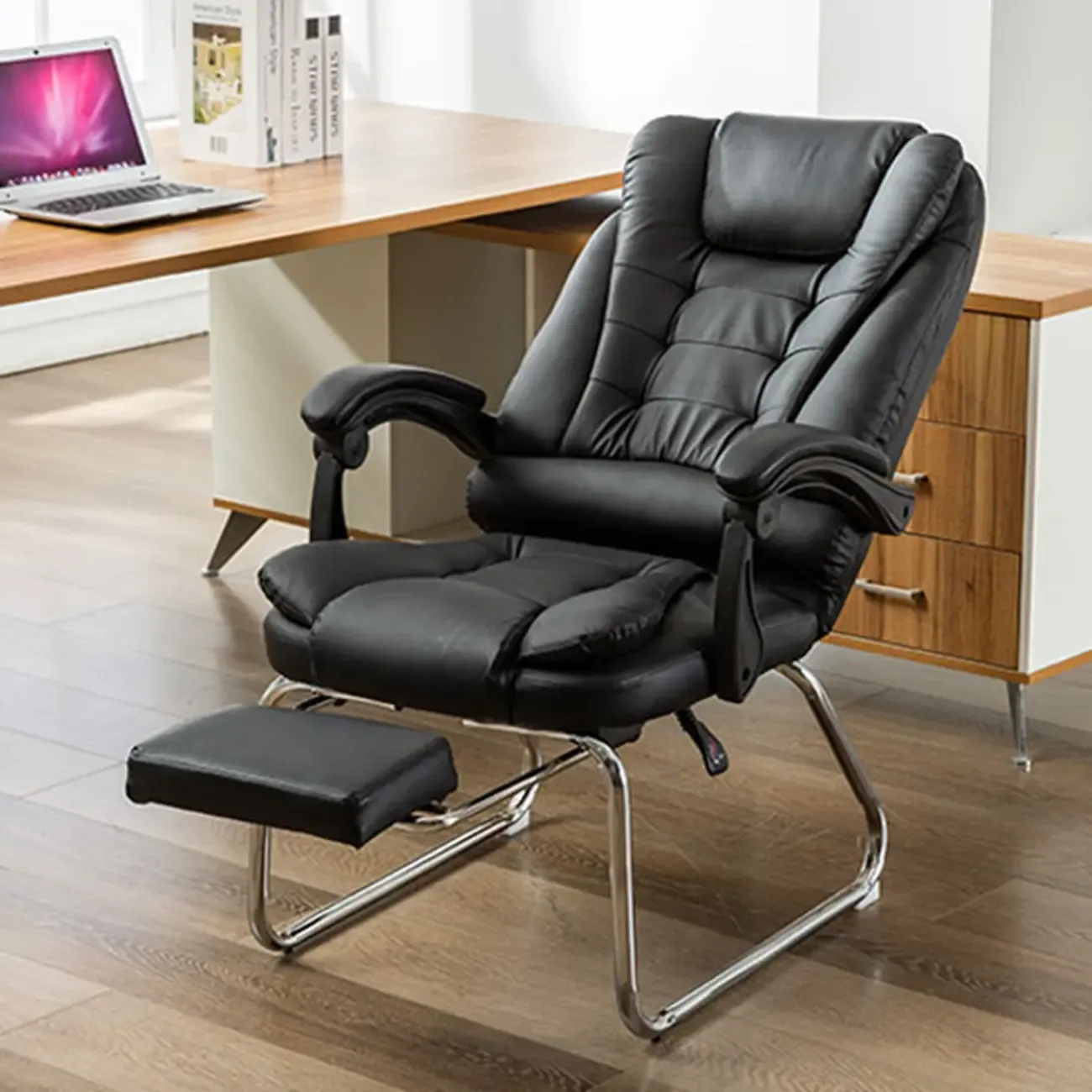 Black Leather Reclining Executive Office Chair Image - 6