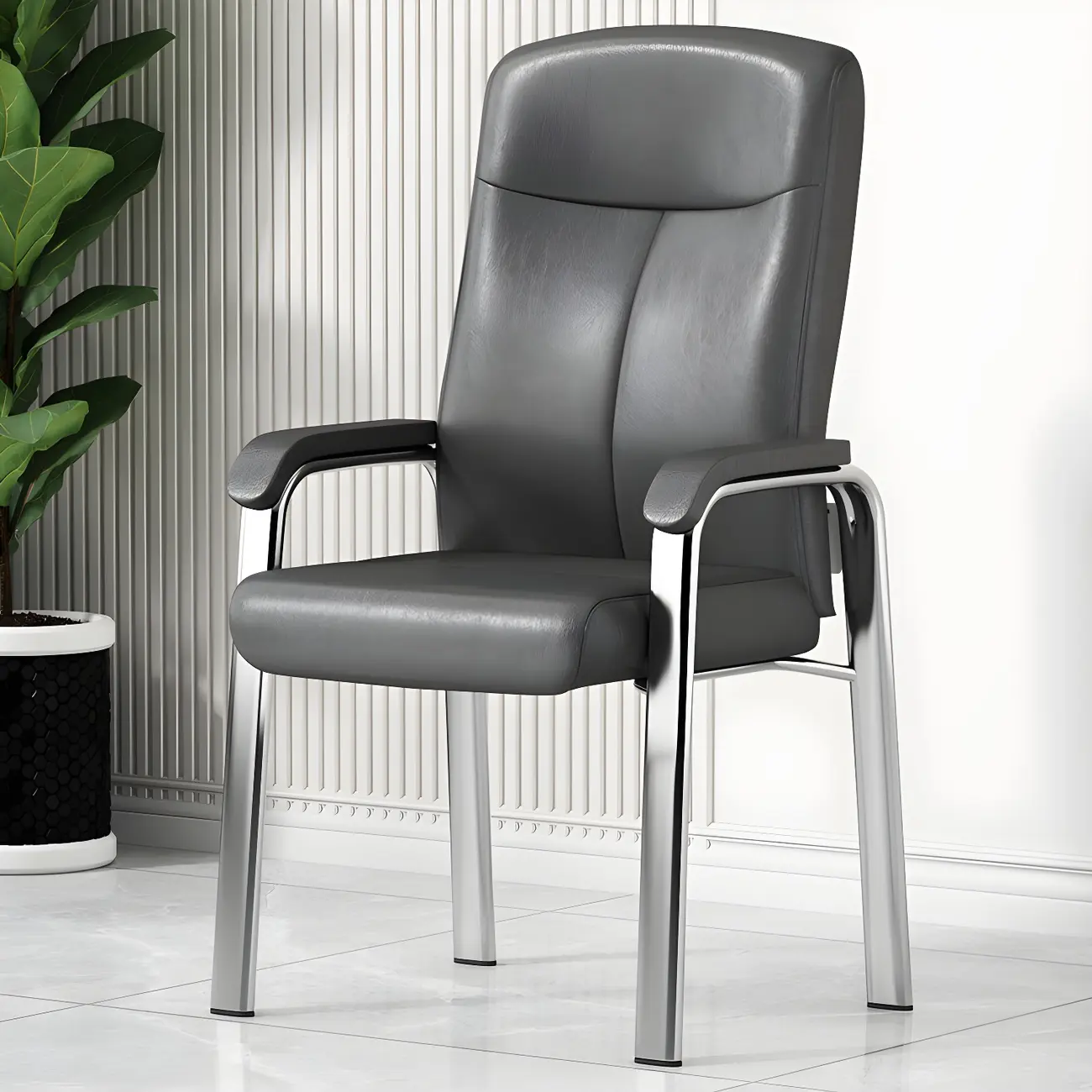 Modern Leather Metal 4-Leg Office Chair with Arms Image - 3 | homeyfad