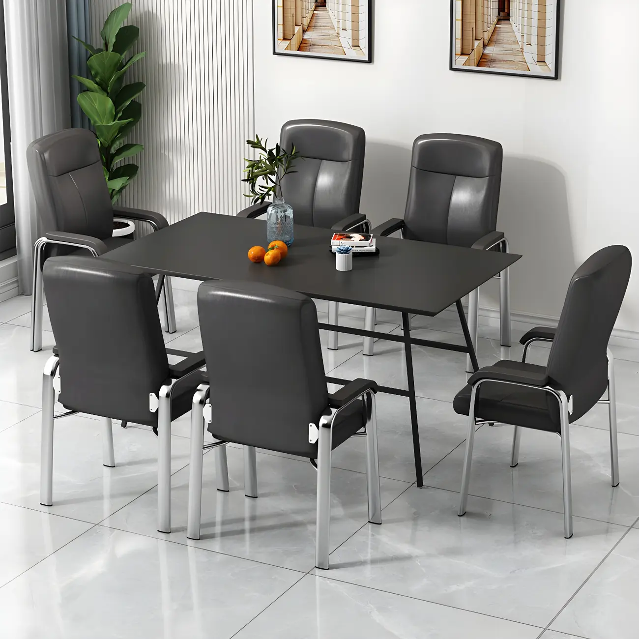 Modern Leather Metal 4-Leg Office Chair with Arms Image - 10 | homeyfad