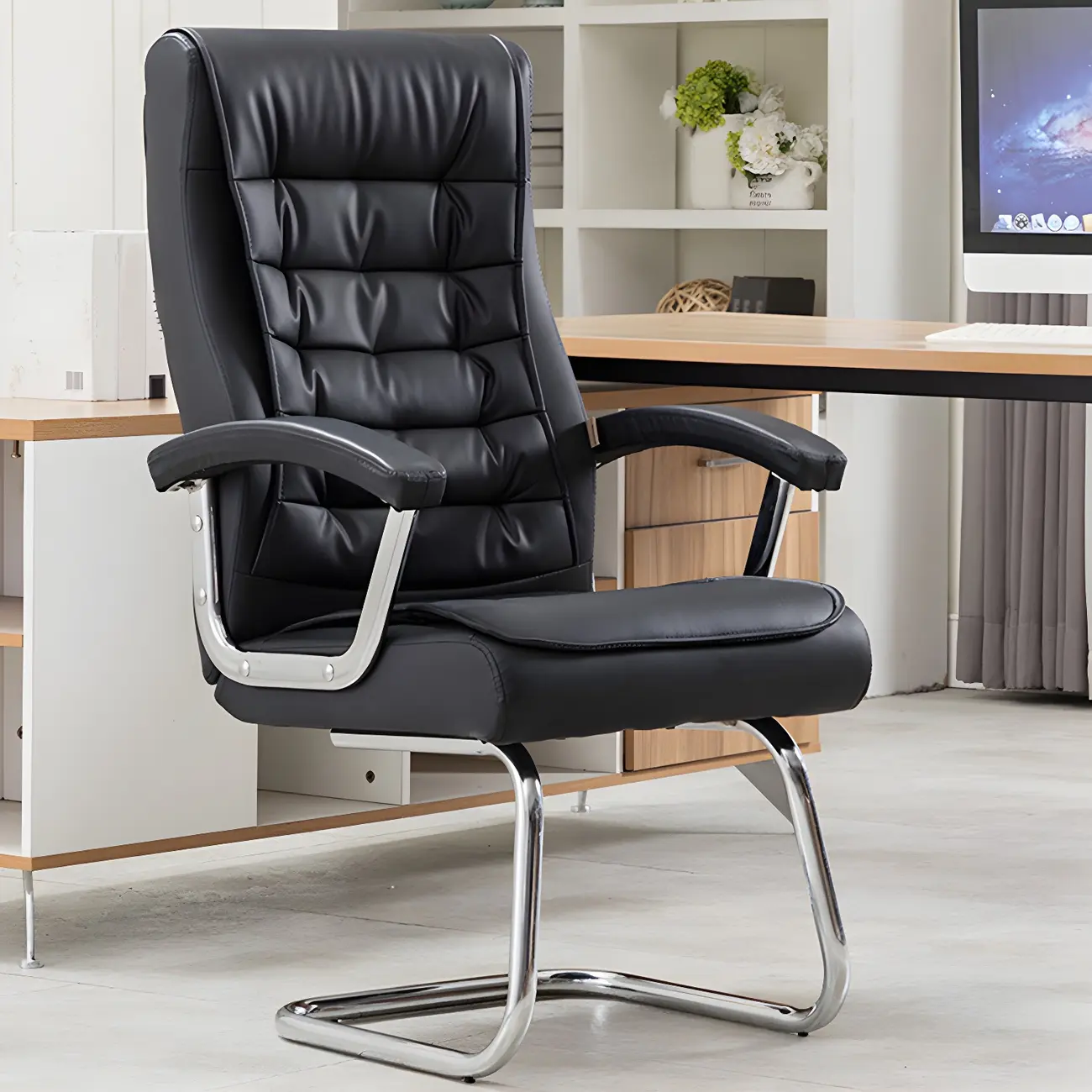 High-back Black Leather Minimalist Metal Office Chair Image - 1 | homeyfad