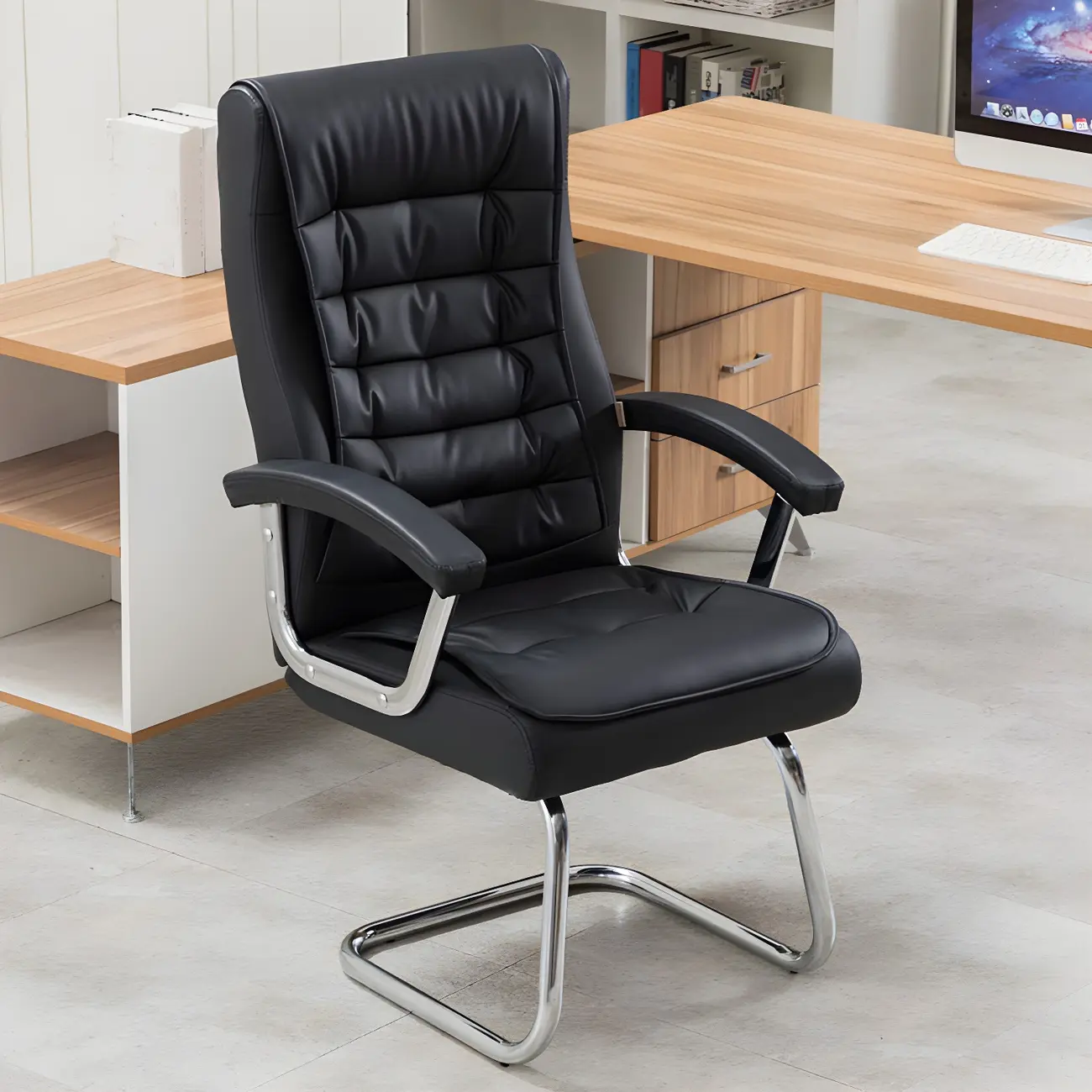 High-back Black Leather Minimalist Metal Office Chair Image - 2 | homeyfad