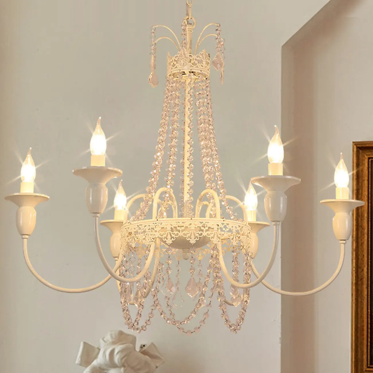 White Crystal Metal Crown Candelabra Chandelier 6-Light Image - 1 | homeyfad