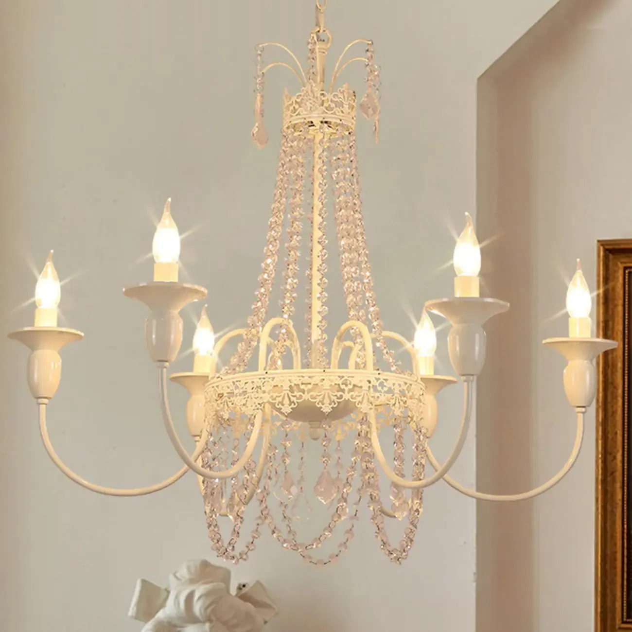 White Crystal Metal Crown Candelabra Chandelier 6-Light Image - 1