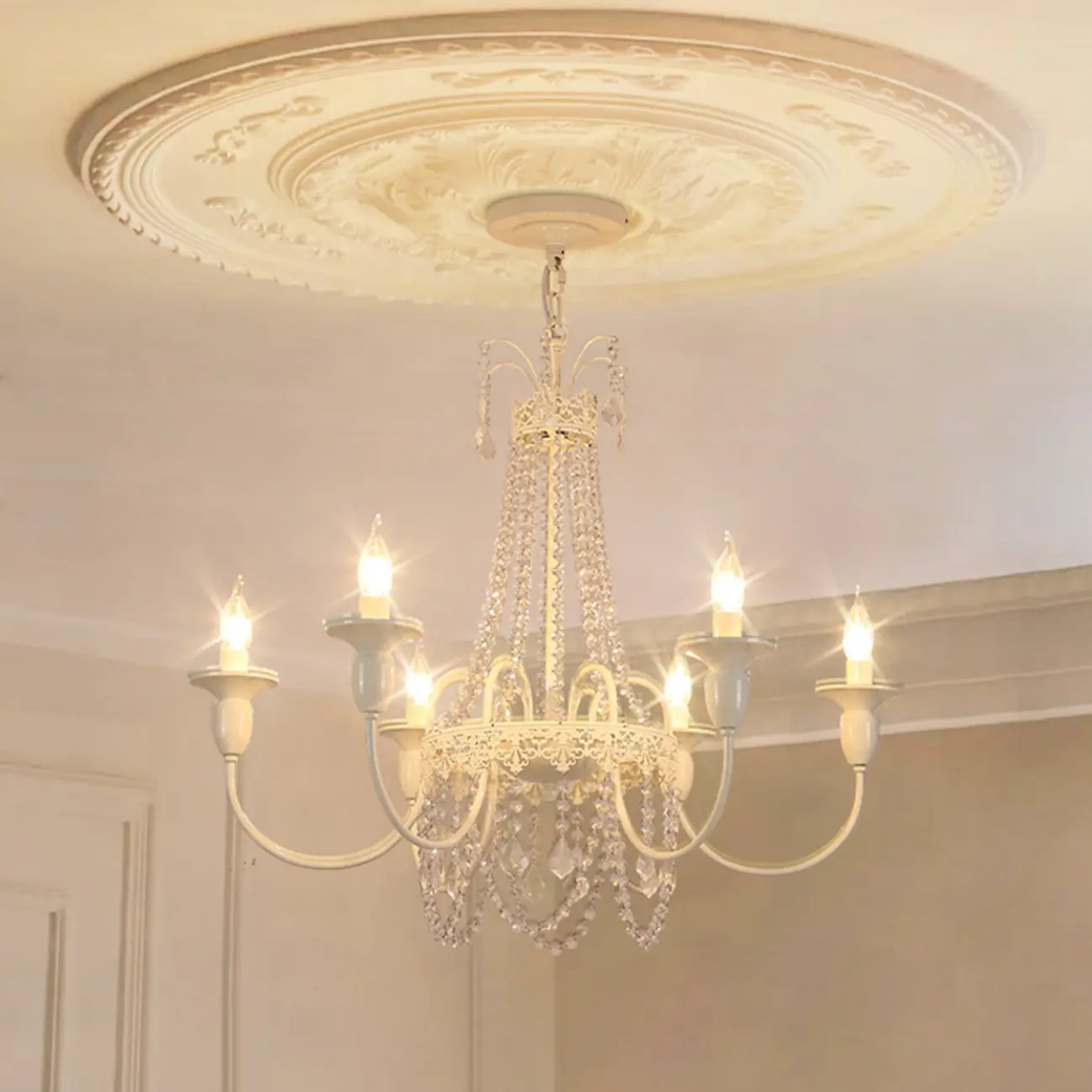 White Crystal Metal Crown Candelabra Chandelier 6-Light Image - 2 | homeyfad